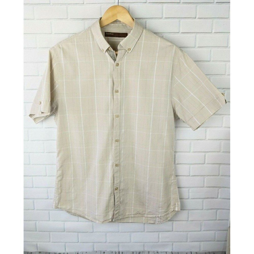 Perry Ellis Tan Plaid Button Down Short Sleeve Shirt‎ Tan brown Men's Medium